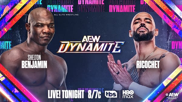 Promotional graphic for AEW Dynamite featuring wrestlers Shelton Benjamin and Ricochet. The background includes colorful geometric designs and the AEW Dynamite logo prominently displayed.
