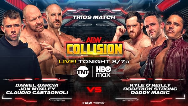 A promotional image for an AEW wrestling event features six male wrestlers positioned on either side. The left side includes Daniel Garcia, Jon Moxley, and Claudio Castagnoli, while the right features Kyle O'Reilly, Roderick Strong, and Daddy Magic. The background has a dynamic design with the words 'AEW Collision' prominently displayed, indicating a live event.