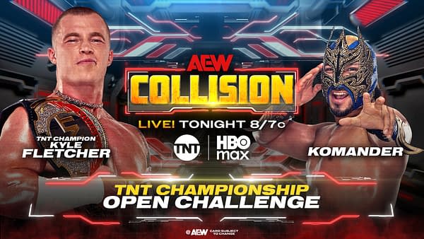 A promotional graphic for AEW Collision featuring two wrestlers: Kyle Fletcher with the TNT Championship belt and Komander, who is wearing a flashy mask. The background includes colorful lighting effects and the show's name prominently displayed.