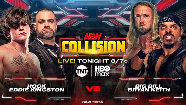 A promotional graphic for AEW Collision featuring four wrestlers: Hook, Eddie Kingston, Big Bill, and Bryan Keith, with the AEW Collision logo prominently displayed. The image includes a futuristic background with bright colors.