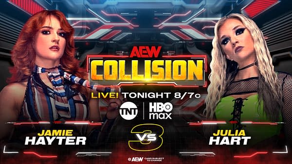A promotional graphic for AEW Collision features two female wrestlers, Jamie Hayter and Julia Hart, facing off. The background is high-tech with a prominent 'COLLISION' logo and broadcast information.