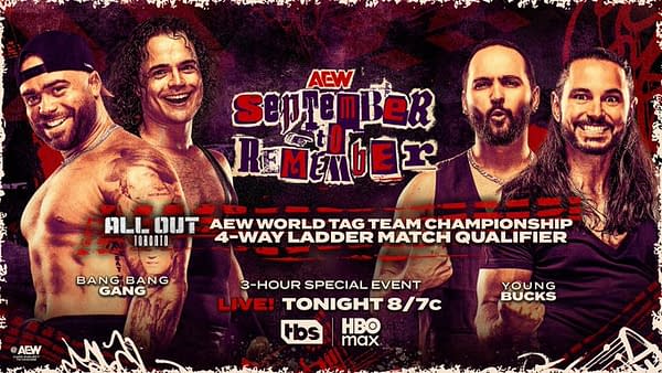 A promotional graphic for an AEW wrestling event titled 'September to Remember,' featuring two wrestling teams, the Bang Bang Gang and the Young Bucks, with event details highlighted.