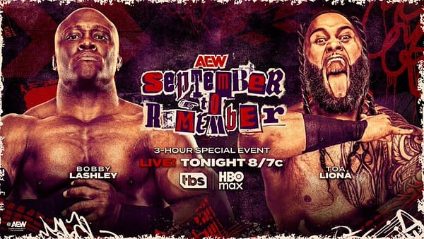 A promotional graphic for AEW's event 'September to Remember,' featuring wrestlers Bobby Lashley and Toa Liona. The design includes bold text and vibrant colors, emphasizing the event details.