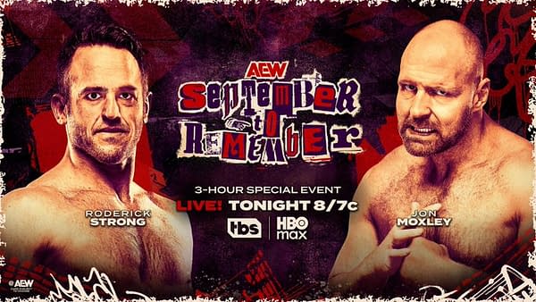 Promotional graphic for the AEW wrestling event 'September to Remember,' featuring wrestlers Roderick Strong and Jon Moxley. The background is dynamic, with vibrant colors and event details included.