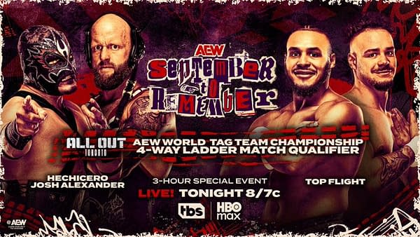 A promotional image for AEW's 'September to Remember,' featuring four wrestlers: Hechicero, Josh Alexander, and members of Top Flight. The background includes event details and logos.