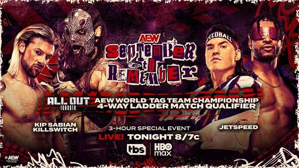 A promotional poster for an AEW wrestling event titled 'September to Remember.' It features wrestlers Kip Sabian and other masked competitors with the event details prominently displayed.