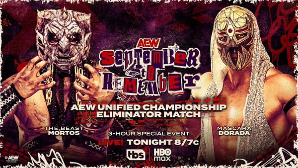 A promotional graphic for an AEW wrestling event featuring two masked wrestlers, Mortos and Máscara Dorada, along with bold text announcing the 'September to Remember' theme and details about the 'AEW Unified Championship Eliminator Match.'