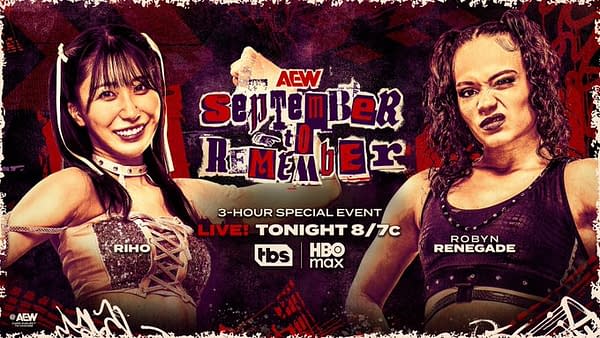 Promotional graphic for the AEW event 'September to Remember,' featuring wrestlers Riho and Robyn Renegade. The background includes a gritty design with event details and logos.