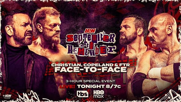 A promotional poster for AEW Dynamite featuring four wrestlers facing off against each other. The background includes the event title 'September to Remember' with details about a live 3-hour special event airing on TBS and HBO Max.