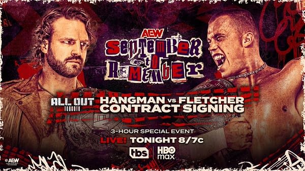 An advertisement for the AEW event 'September to Remember' featuring two male wrestlers. One wrestler has long hair and a serious expression, while the other has short hair and is yelling passionately.