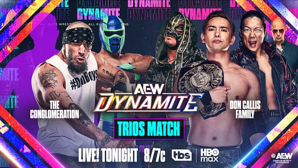 A promotional poster for a wrestling event featuring two teams: The Conglomeration on the left and Don Callis Family on the right, displaying dynamic poses and vibrant colors against a backdrop with 'AEW Dynamite'.