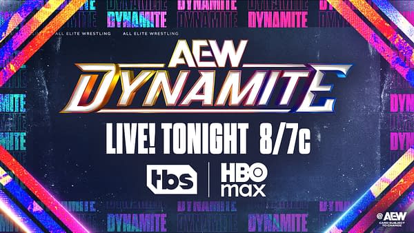 A promotional graphic for AEW Dynamite featuring the show's logo prominently in gold. The background has colorful stripes and text announcing the live broadcast details, including the network and time.
