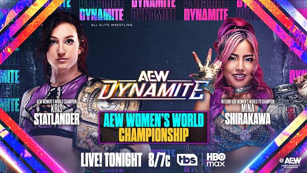 A promotional graphic for AEW Dynamite featuring two women wrestlers: Kris Statlander, the AEW Women's World Champion, and Mina Shirakawa, the Interim ROH Women's World TV Champion. The graphic includes vibrant colors and dynamic text, highlighting the matchup for the AEW Women's World Championship.