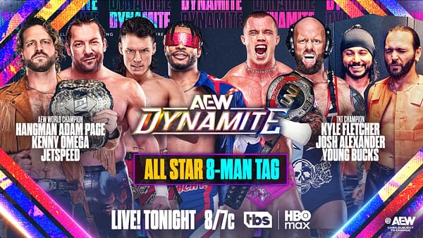 A promotional graphic for AEW Dynamite featuring various wrestlers including Hangman Adam Page, Kenny Omega, and the Young Bucks. The background is vibrant with colorful graphics and the text highlights an upcoming 8-man tag match.