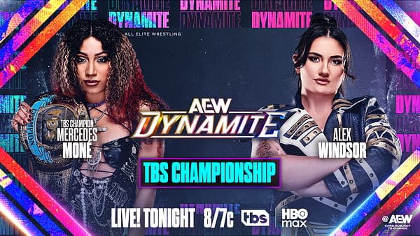 A promotional graphic for AEW Dynamite featuring two wrestlers, Mercedes Moné, the TBS Champion, and Alex Windsor, displayed prominently. The background includes colorful geometric patterns and text announcing the live event.