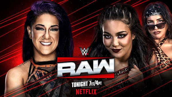 Two female wrestlers are featured prominently, with one on the left smiling and wearing edgy attire, and the other on the right looking fiercely confident. The WWE Raw logo is displayed prominently in the center, along with a note about the show's airing on Netflix.