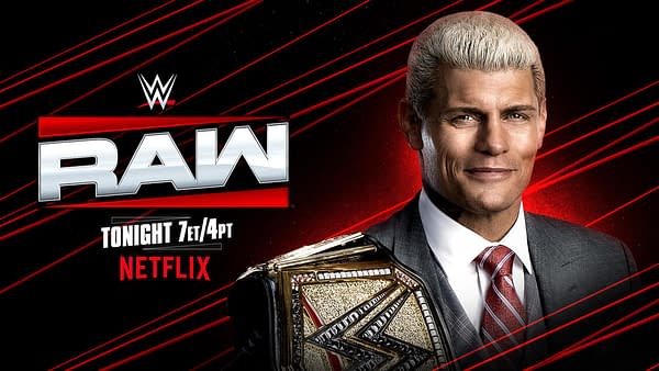 A professional wrestler with slicked-back blonde hair, wearing a suit and holding a championship belt, smiles confidently against a red and black background featuring the WWE logo and promotional details for WWE Raw on Netflix.