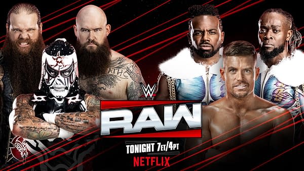 A promotional graphic for WWE Raw featuring two teams: the War Raiders on the left with rugged, bearded wrestlers, and The New Day on the right, showcasing colorful wrestling gear. The image includes the RAW logo prominently displayed.