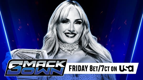 A promotional image for WWE SmackDown features a smiling blonde woman holding a championship belt. The background displays a blue gradient with light effects and the SmackDown logo prominently displayed.