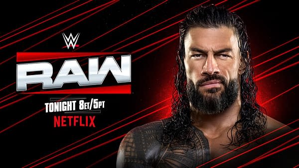 A promotional graphic for WWE Raw featuring a close-up of a man with long, dark hair and a beard, alongside the WWE Raw logo, indicating a broadcast scheduled for tonight on Netflix.