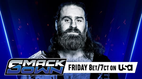 A wrestler with a thick beard and long hair looks directly at the viewer, wearing a championship belt and a black jacket, set against a blue and black background. The words 'SMACKDOWN' and details for the showtime are prominently displayed at the bottom.