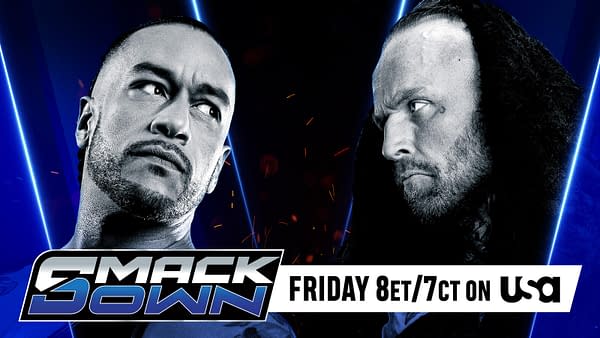 A promotional graphic for WWE SmackDown featuring two wrestlers facing off against a dark background with blue and red accents. The graphic includes the SmackDown logo and details about the broadcast time.