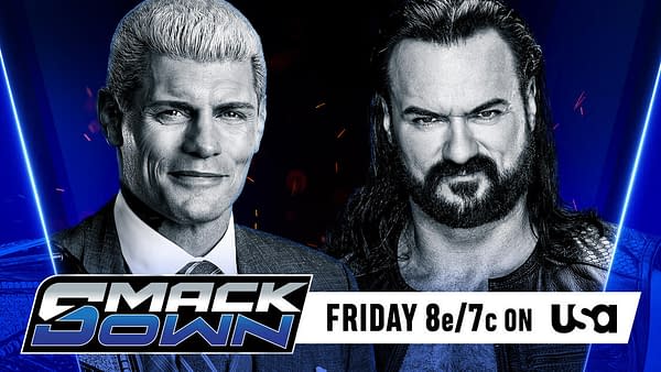 Promotional graphic for WWE SmackDown featuring two wrestlers, Cody and Drew, with bold blue and black designs. The date and time for the event is prominently displayed.