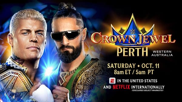 A promotional image for WWE Crown Jewel featuring wrestlers Cody Rhodes and Seth Rollins. The background is illuminated with bright colors and the event information is displayed prominently.