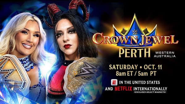 A promotional graphic for WWE Crown Jewel in Perth features two women wrestlers, one in a blue outfit holding a championship belt and the other with black hair and devil horns, showcasing their championship titles beside the event details and logo.