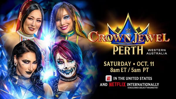 A promotional graphic for WWE Crown Jewel featuring four women wrestlers, with vibrant lighting and dramatic makeup. The event details include a date and times for viewers in different regions.