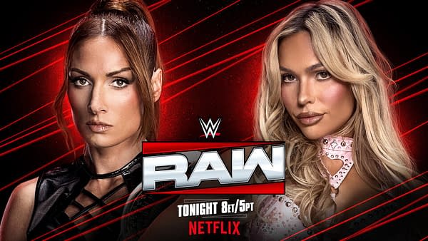 A promotional image for WWE Raw featuring two female wrestlers. One, with long brown hair styled in a ponytail, has an intense expression, while the other, with long blonde hair, appears confident. The WWE Raw logo is displayed prominently at the bottom against a red background with dynamic lines.
