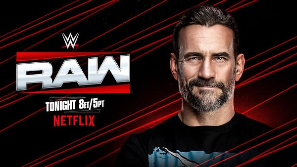 A promotional graphic for WWE Raw featuring a smiling male wrestler with a beard. The background has bold red and black diagonal lines, and the WWE Raw logo is prominently displayed with details about the broadcast time and Netflix.