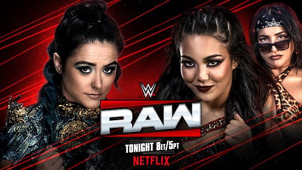 A promotional graphic featuring two female wrestlers from WWE Raw. They are striking confident poses against a dramatic red background with the WWE Raw logo prominently displayed.