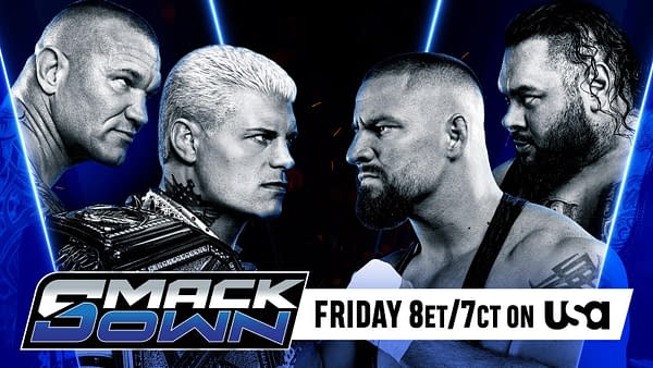 Promotional graphic for a WWE SmackDown event featuring four wrestlers in intense gazes: Randy Orton, Cody Rhodes, and two others. The logo displays 'SMACKDOWN' prominently, with scheduling details underneath.