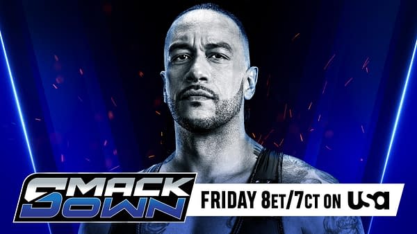 A promotional graphic featuring a wrestling star with an intense expression against a blue background, alongside the text 'SMACKDOWN' and show details for Friday night.