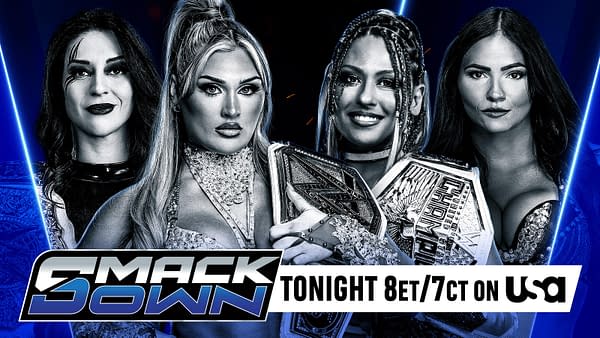 A promotional graphic for WWE SmackDown featuring four wrestlers: Tiffy, Stephanie, Giulia, and Kiana. Each is posing confidently, with championship belts and striking expressions against a blue backdrop.