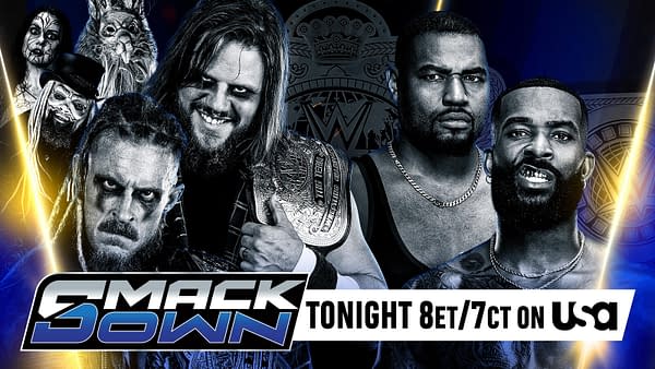 A promotional graphic for WWE SmackDown featuring notable wrestlers. The image highlights two teams, the Wyatts and the Street Profits, against a dramatic background with championship belts and a dark aesthetic.