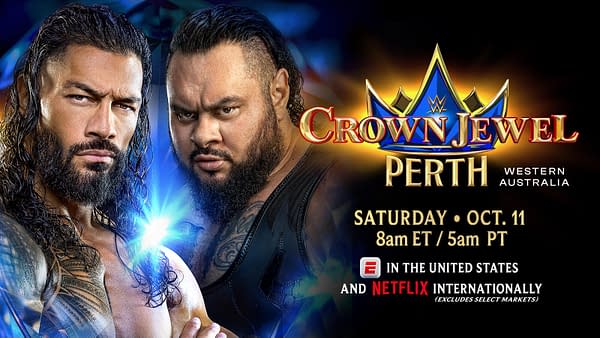 A promotional graphic for WWE Crown Jewel featuring wrestlers Roman Reigns and Bronson Reed, showcasing intense expressions. The background includes a blue crown logo with event details highlighted.