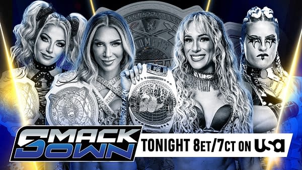 A graphic featuring four female wrestlers, each holding a championship belt, with a blue and silver theme. The background includes the WWE logo and a promotional banner for SmackDown on USA Network.