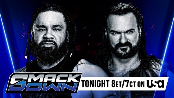 Promotional graphic for WWE SmackDown featuring two male wrestlers, one with a long beard and dreadlocks, and the other with a dark, shoulder-length beard and intense expression. The graphic includes the SmackDown logo and details about the show airing tonight.
