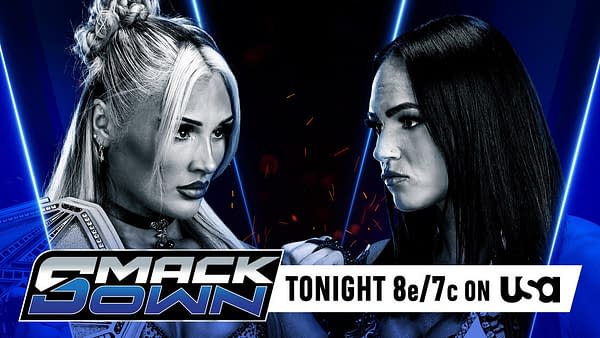 A promotional graphic for WWE SmackDown featuring two women wrestlers facing off. One wrestler is holding a championship belt, highlighting the intensity of their rivalry.