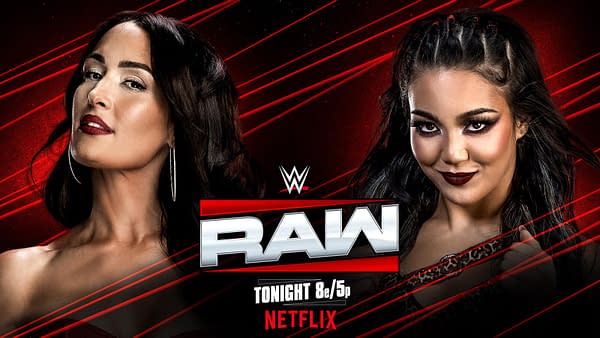Two female wrestlers face off in a dramatic close-up, highlighting their fierce expressions. The background features bold red stripes with the WWE logo and promotional text for the show.