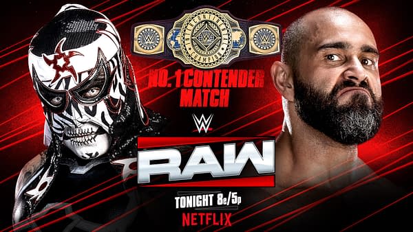 A promotional graphic for a WWE match featuring two wrestlers. One wrestler wears a detailed black and white mask, while the other has a closely trimmed beard and intense expression. The WWE Intercontinental Championship belt is shown above the text indicating a No. 1 Contender Match, with details about the show airing tonight on Netflix.