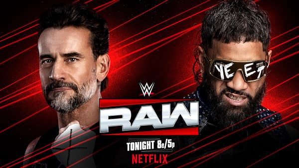 A promotional graphic for WWE Raw featuring two male wrestlers. One has a dark beard and intense expression, while the other wears sunglasses with the word 'YEET' and has a flashy outfit. The background features bold red streaks and the WWE Raw logo prominently displayed.