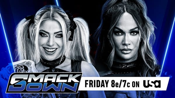 A promotional graphic for WWE SmackDown featuring two female wrestlers. On the left, a blonde wrestler smiles, wearing a championship belt and pigtails, while on the right, a serious-looking wrestler with long dark hair stares at the viewer.