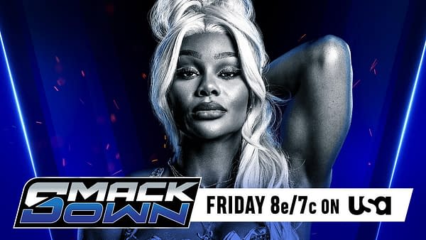 A promotional image for WWE SmackDown featuring a confident female wrestler with long, blonde hair styled elegantly. The background is dark with blue accents, and the SmackDown logo is prominently displayed.