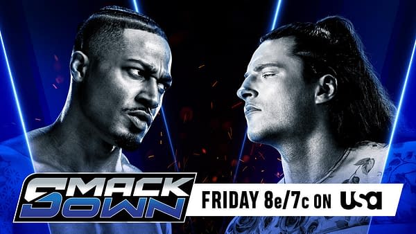 A promotional graphic for WWE SmackDown featuring two wrestlers facing each other intensely. The background has blue lighting effects and the WWE SmackDown logo at the bottom.