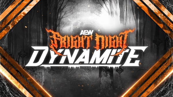 A graphic for AEW Fright Night Dynamite features the title in bold, stylized letters. The background has a dark, eerie forest with subtle grave markers and web-like designs, enhancing the spooky theme.