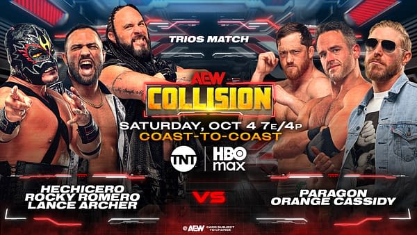 A promotional graphic for an AEW Collision event featuring two teams: Hechicero, Rocky Romero, and Lance Archer on one side, and Paragon and Orange Cassidy on the other. The image highlights a trios match scheduled for October 4.