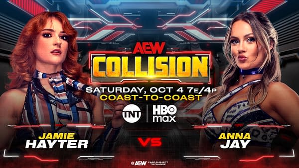 A promotional graphic for a wrestling event featuring two female wrestlers, Jamie Hayter and Anna Jay, facing off with bold text stating 'AEW COLLISION.' The event details include the date and time: Saturday, Oct 4 at 7e/4p, and logos for TNT and HBO Max.